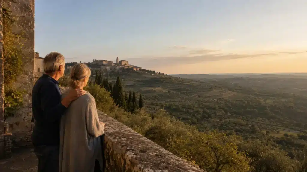 Older couple looking thoughtfully over the Italian countryside — planning for the future