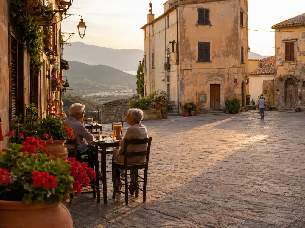 Golden-hour light over a quiet Italian town piazza in spring, with café tables and flower-filled terracotta pots