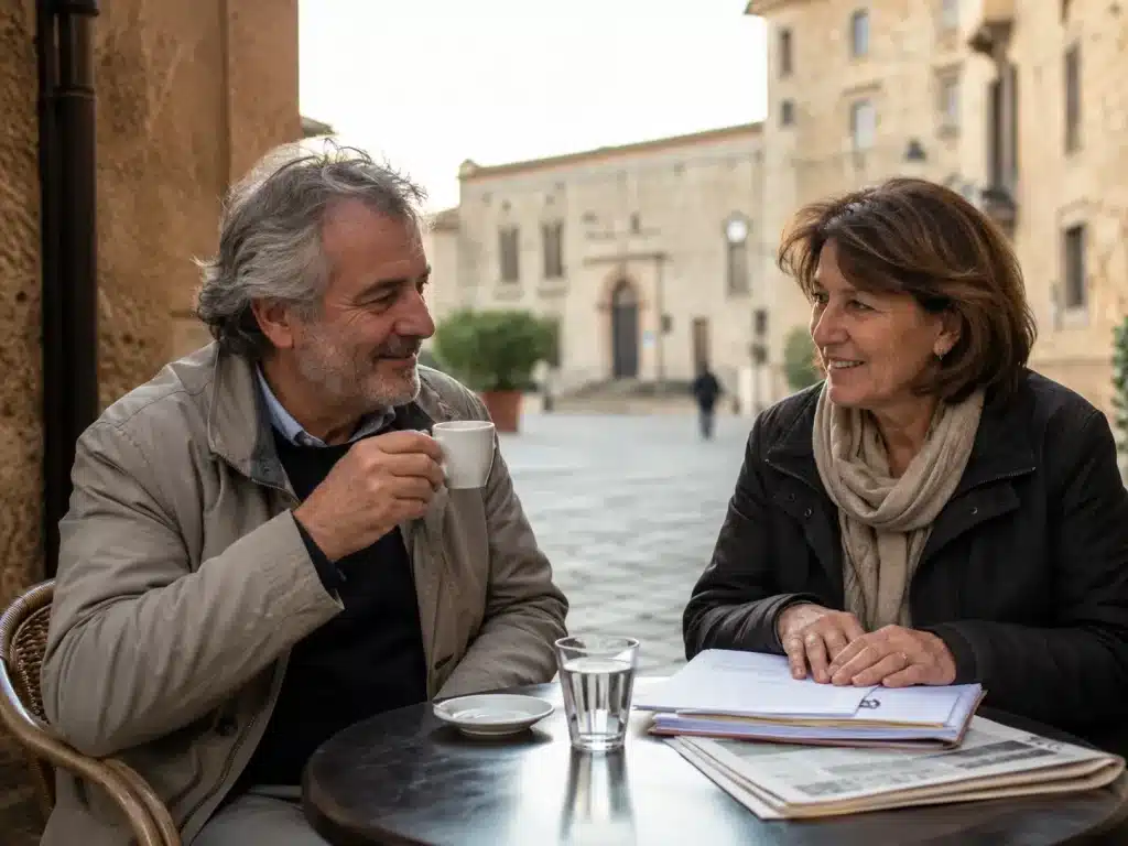 Retiree couple beginning their new life in Italy — first coffee and paperwork in a sunlit piazza