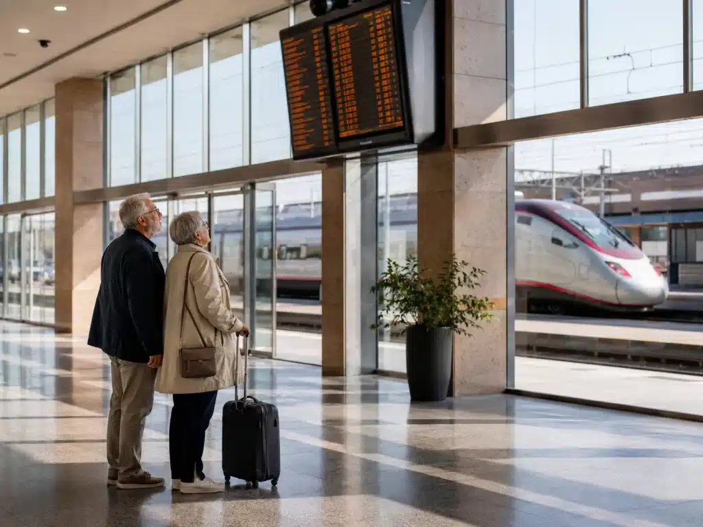 Older couple with a suitcase reading the departure board at an Italian train station, high-speed train at the platform behind