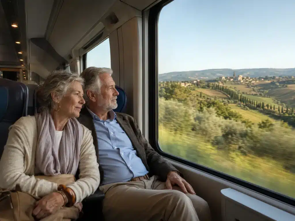 Older couple watching the Tuscan countryside from a regional train window in soft morning light