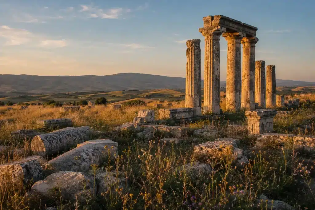 Ancient stone ruins in a quiet Italian landscape at golden hour