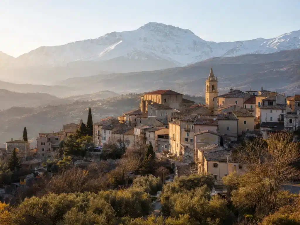 Honey-stone Abruzzo hill town in a mountain valley at golden hour with snow-touched Apennine peaks behind