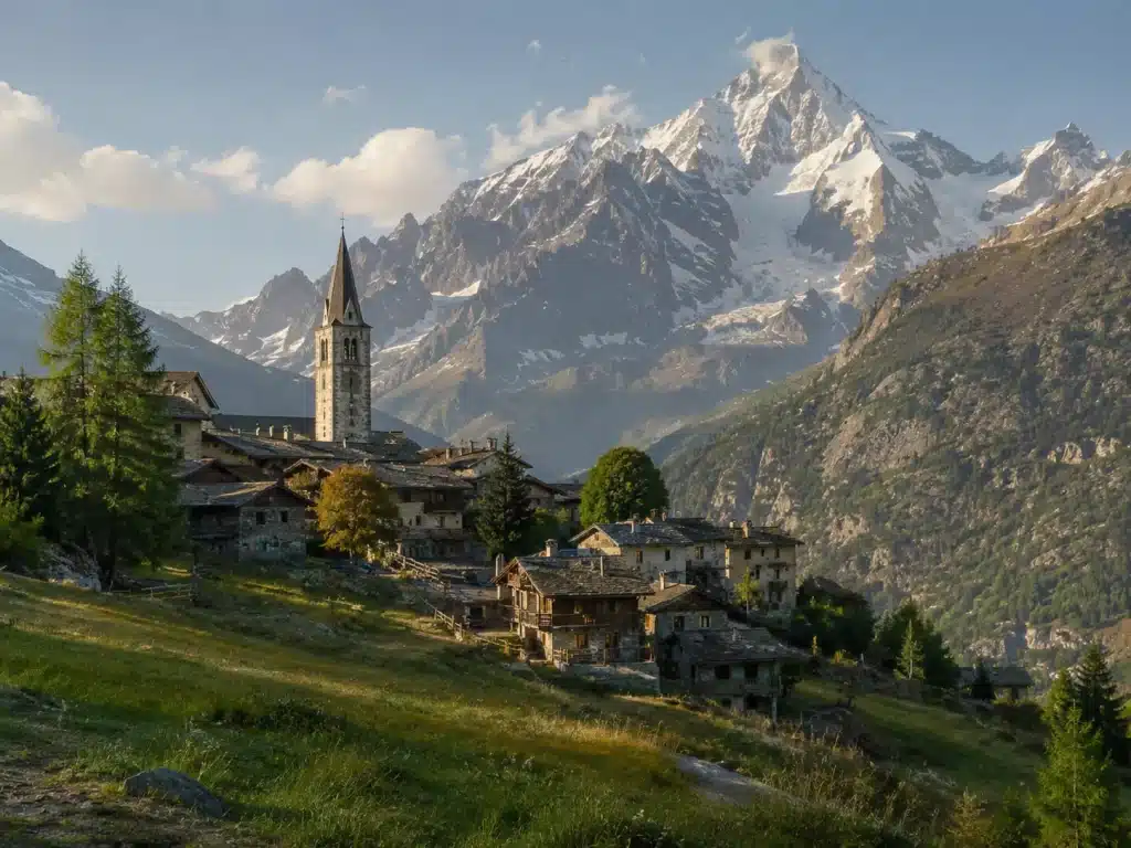Stone alpine village in the Aosta Valley with snow-capped peaks such as Mont Blanc rising behind
