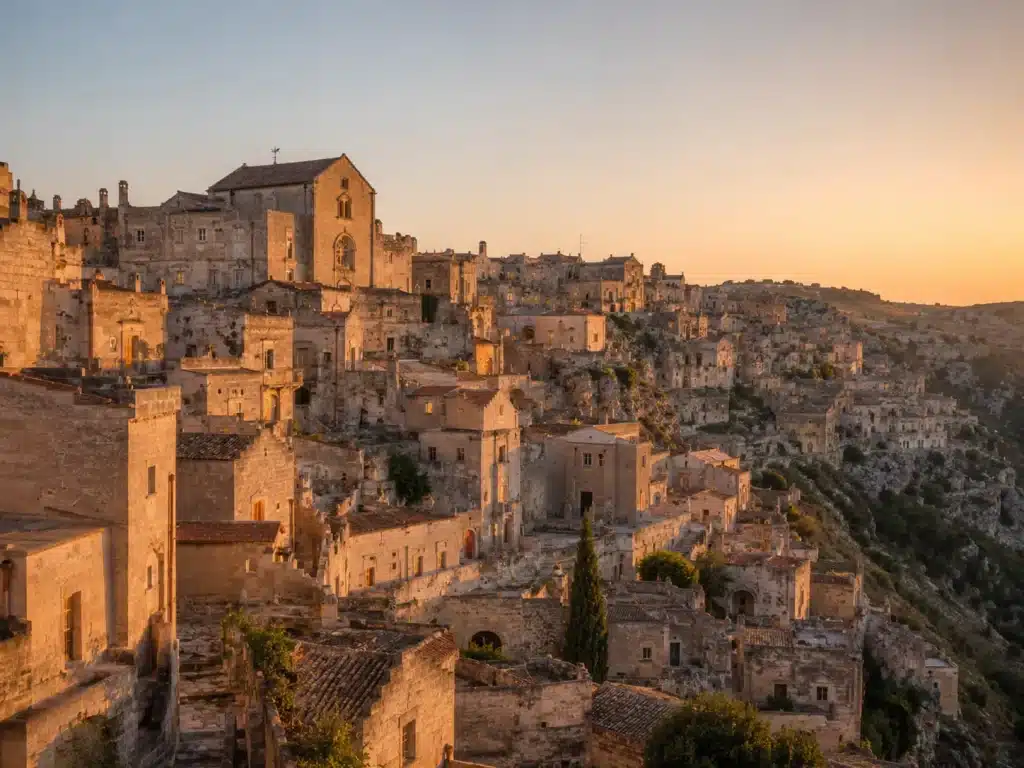 The honey-stone Sassi cave dwellings of Matera tiered across the ravine at golden hour in Basilicata