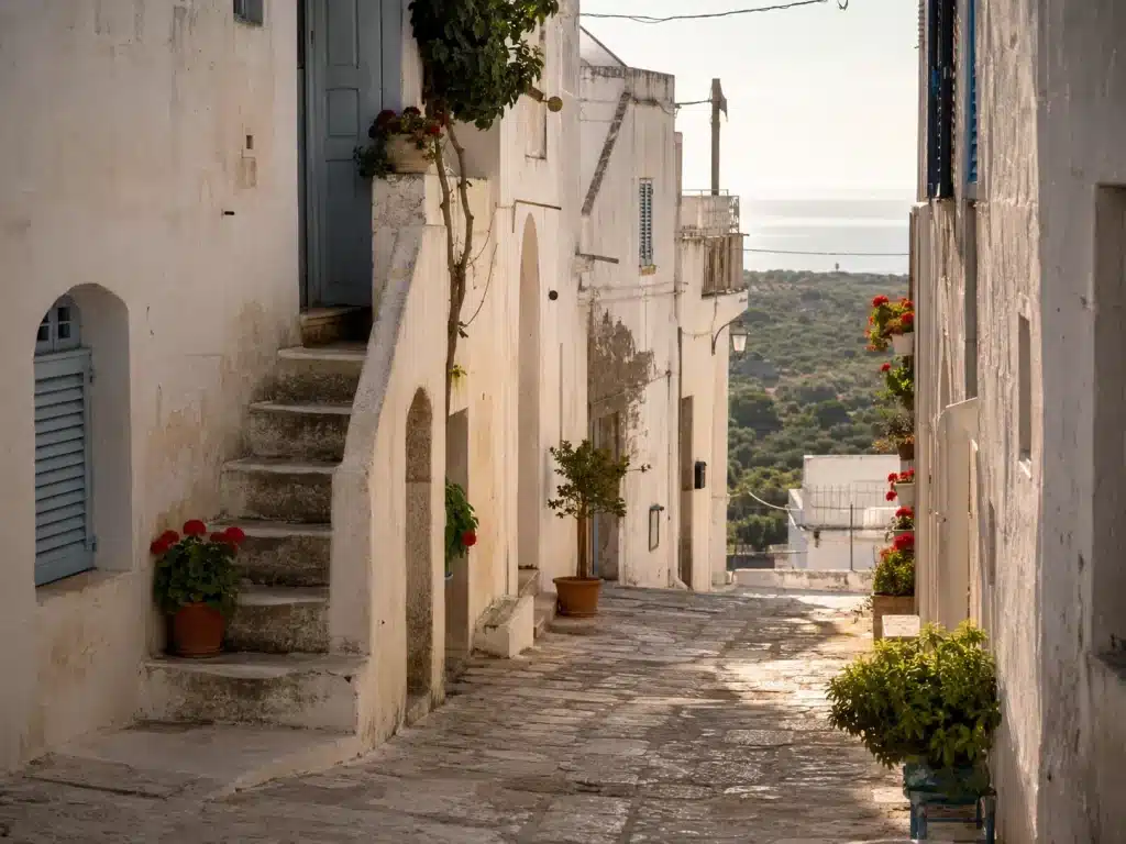 Quiet whitewashed lane in a Puglian old town at golden hour, with shutters, potted plants and olive groves beyond