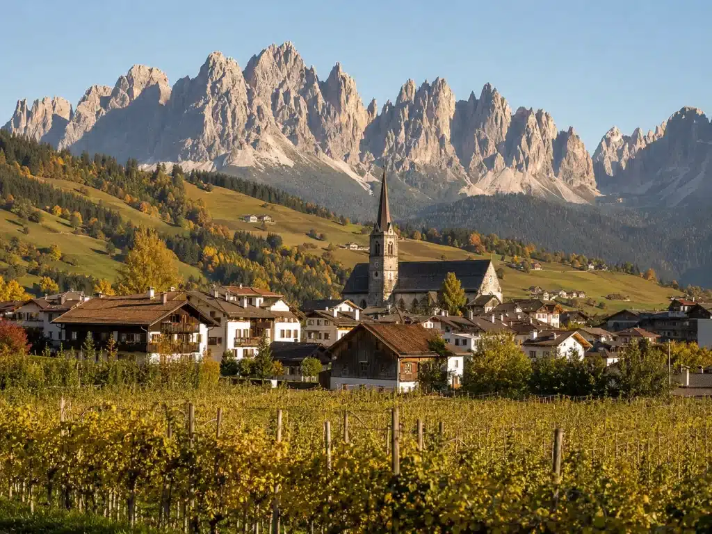 Alpine South Tyrol town below jagged Dolomite peaks in soft early-autumn morning light