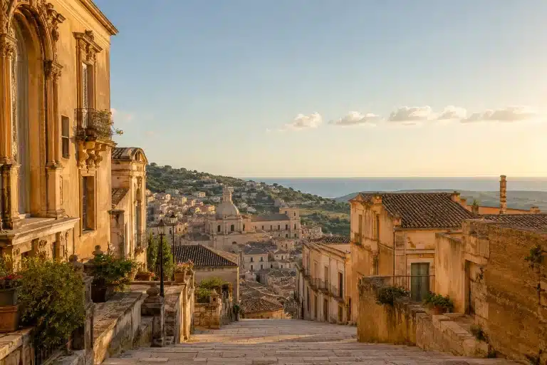 Quiet Sicilian hill town with honey-coloured Baroque buildings, stone steps and Mediterranean countryside in warm late-afternoon light.