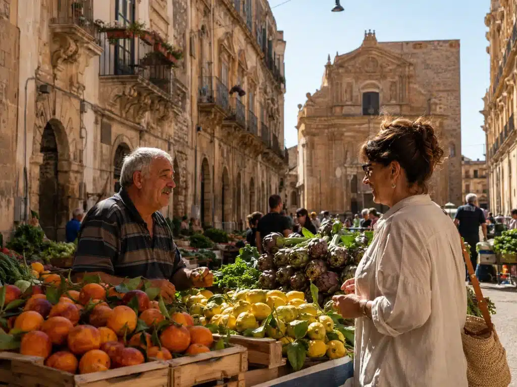 Sicilian market vendor and customer talking over crates of blood oranges and lemons in the morning light
